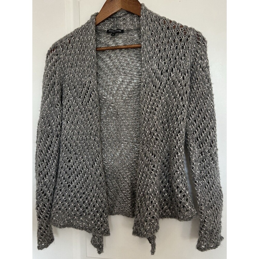 Eileen Fisher XS Alpaca Wool Open Knit Draped Cardigan Gray Lightweight